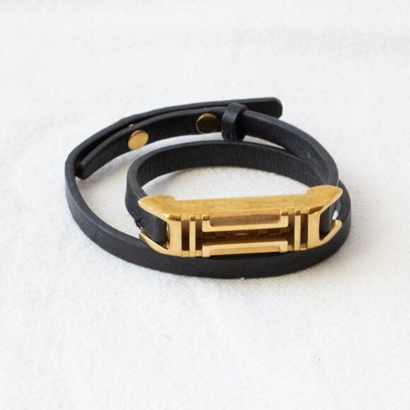 Very RarTory Burch For Fitbit Flex Double Wrap Leather Bracelet Gold Plated 16" - Picture 1 of 3